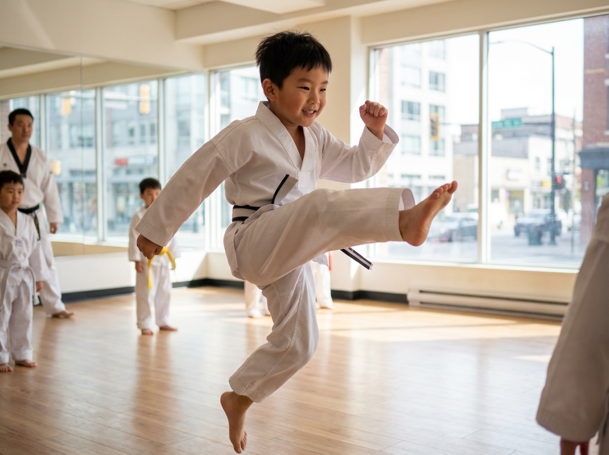 An Asian Kid is kicking in a Taekwondo class