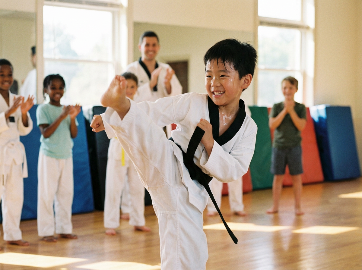 An Asian Kid is kicking in a Taekwondo class