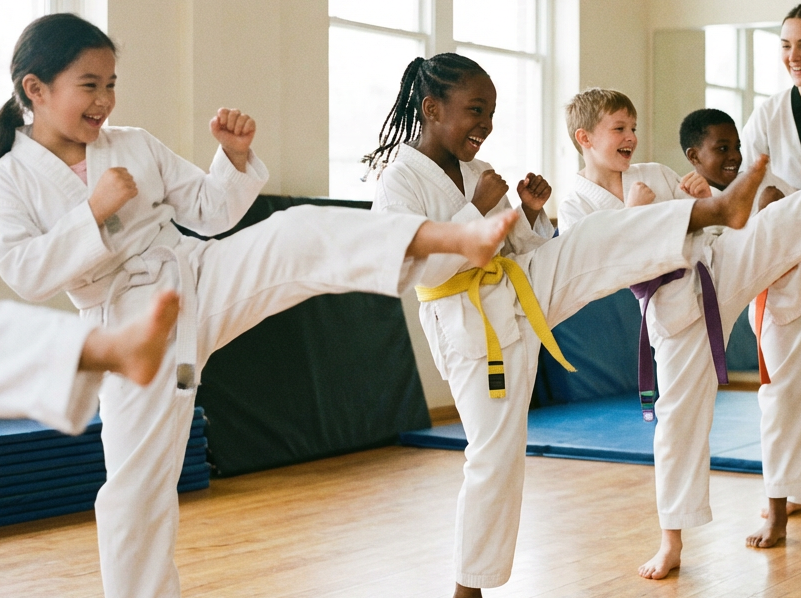 An Group of Kids are kicking in a Taekwondo class