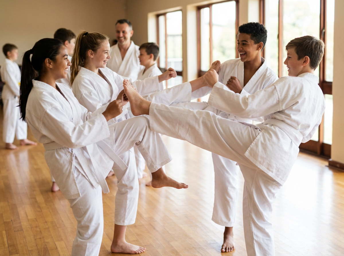 A group of teenagers kicking in a Taekwondo class